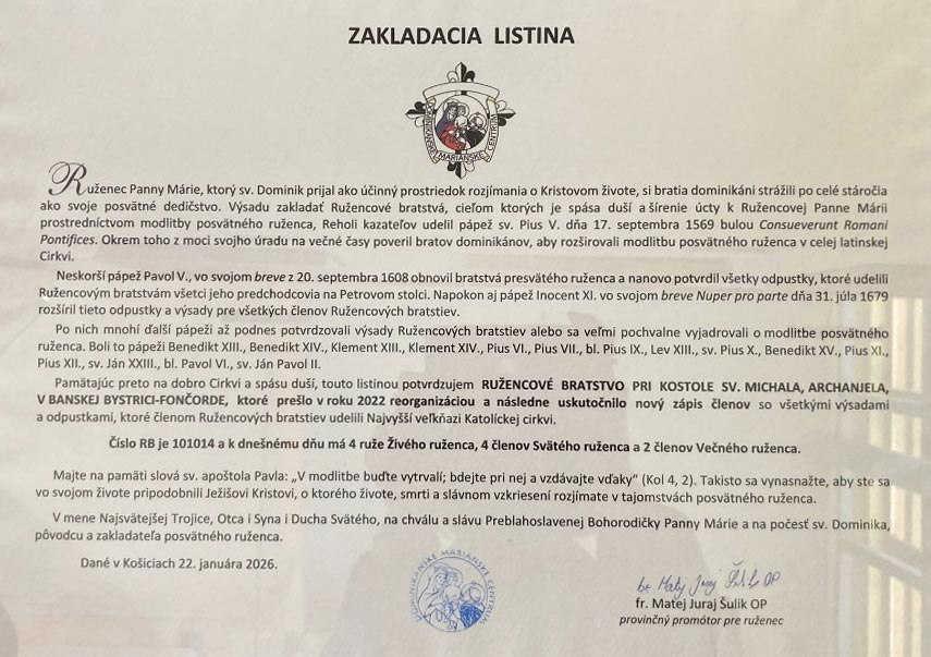 Ružencové bratstvo - ZAKLADACIA - LISTINA